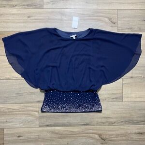 CHAUS Womens Embellished Blouson Dolman Sleeve Top‎ Size Small Navy Blue